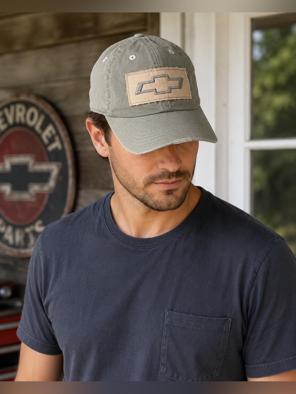 Chevrolet Bowtie Logo Adjustable Hat Gray GM Checkered Flag Sports